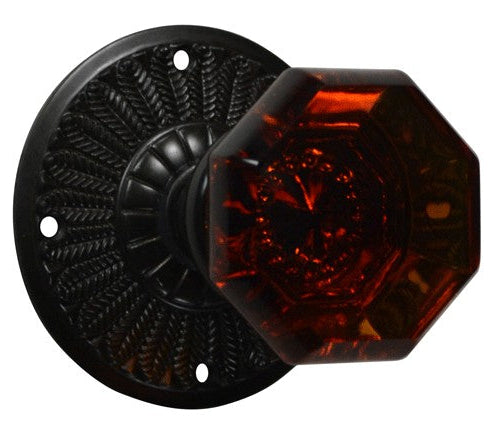 Feather Rosette Door Set with Amber Octagon Glass Door Knobs (Several Finishes Available)