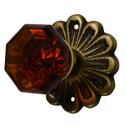 ##Antique Hardware## Maltesia Flower Rosette Door Set with Octagon Amber Glass Door Knobs (Several Finishes Available)