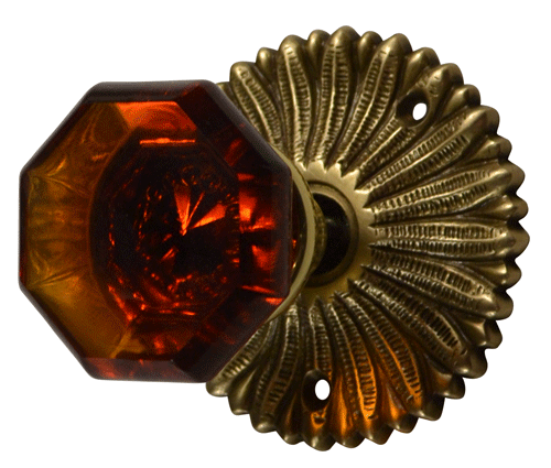 ##Antique Hardware## French Provincial Rosette Door Set with Amber Glass Octagon Door Knobs (Several Finishes Available)
