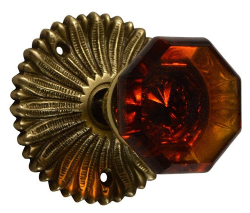 French Provincial Rosette Door Set with Amber Glass Octagon Door Knobs (Several Finishes Available)