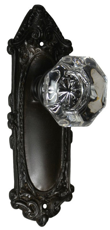 Ornate Victorian Long Backplate Door Set with Crystal Octagon Door Knobs (Several Finishes Available)