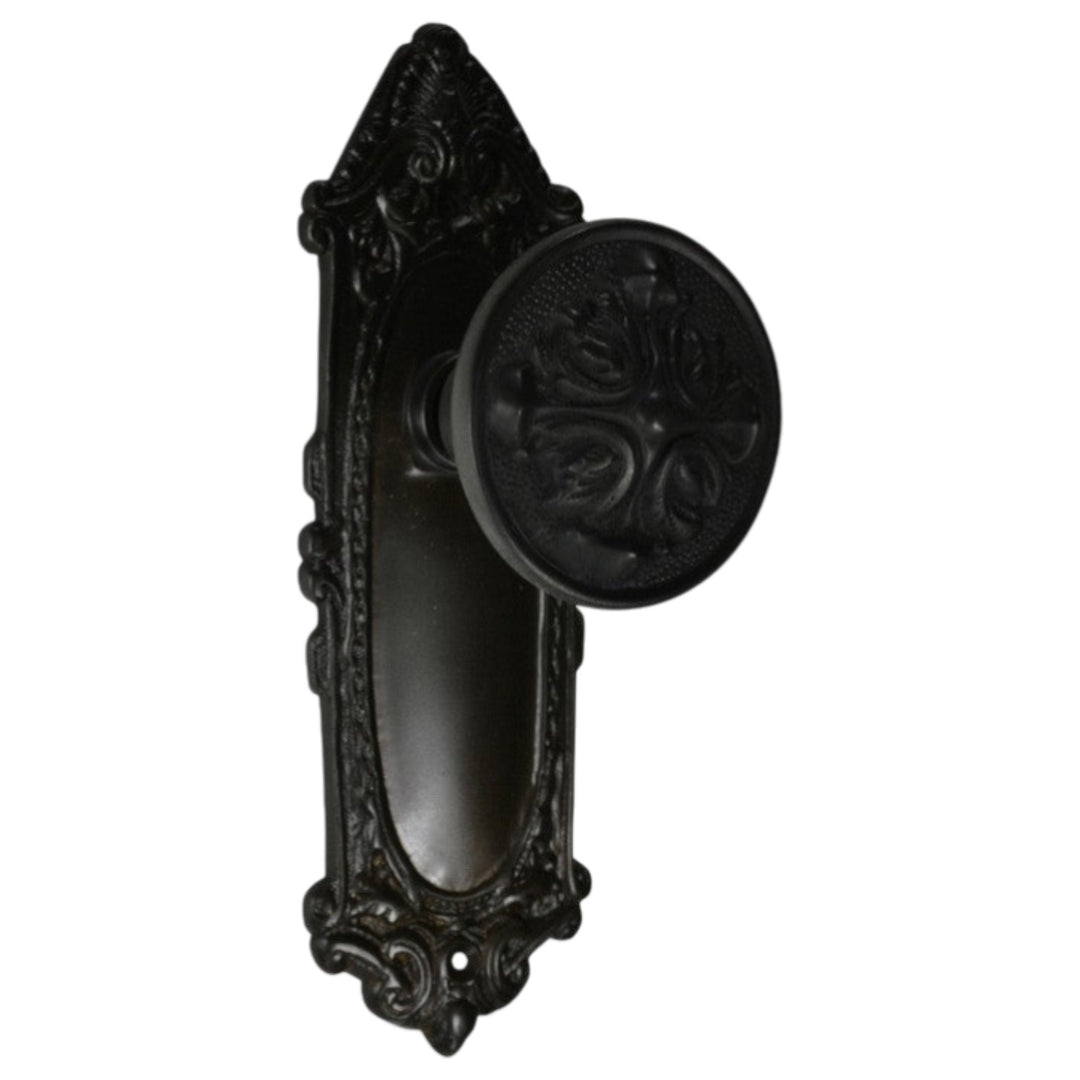 Ornate Victorian Long Backplate Door Set with Romanesque Door Knobs (Several Finishes Available)