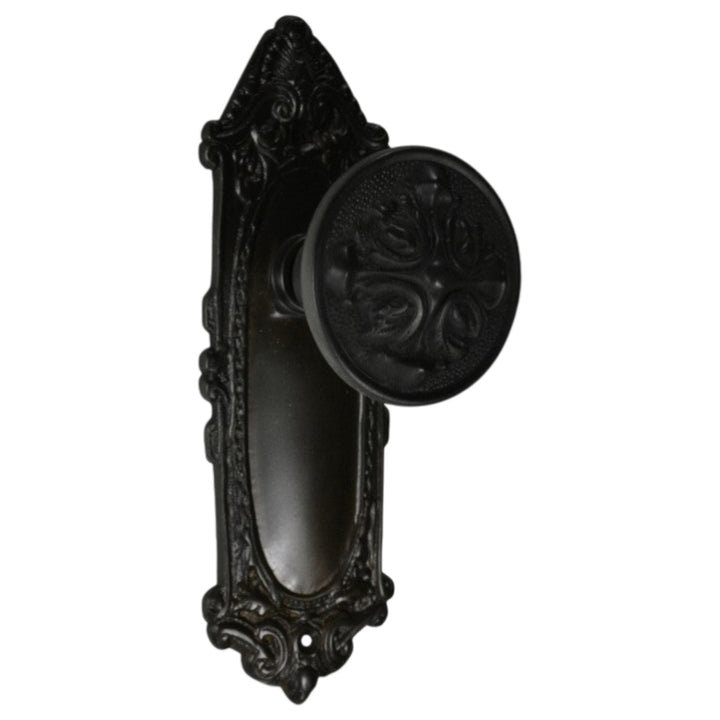 Ornate Victorian Long Backplate Door Set with Romanesque Door Knobs (Several Finishes Available)