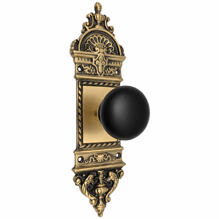 L'Enfant Small Backplate Door Set with Black Porcelain Door Knobs (Several Finishes Available)