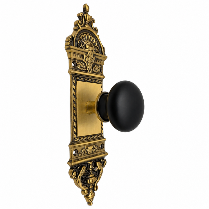 L'Enfant Small Backplate Door Set with Black Porcelain Door Knobs (Several Finishes Available)