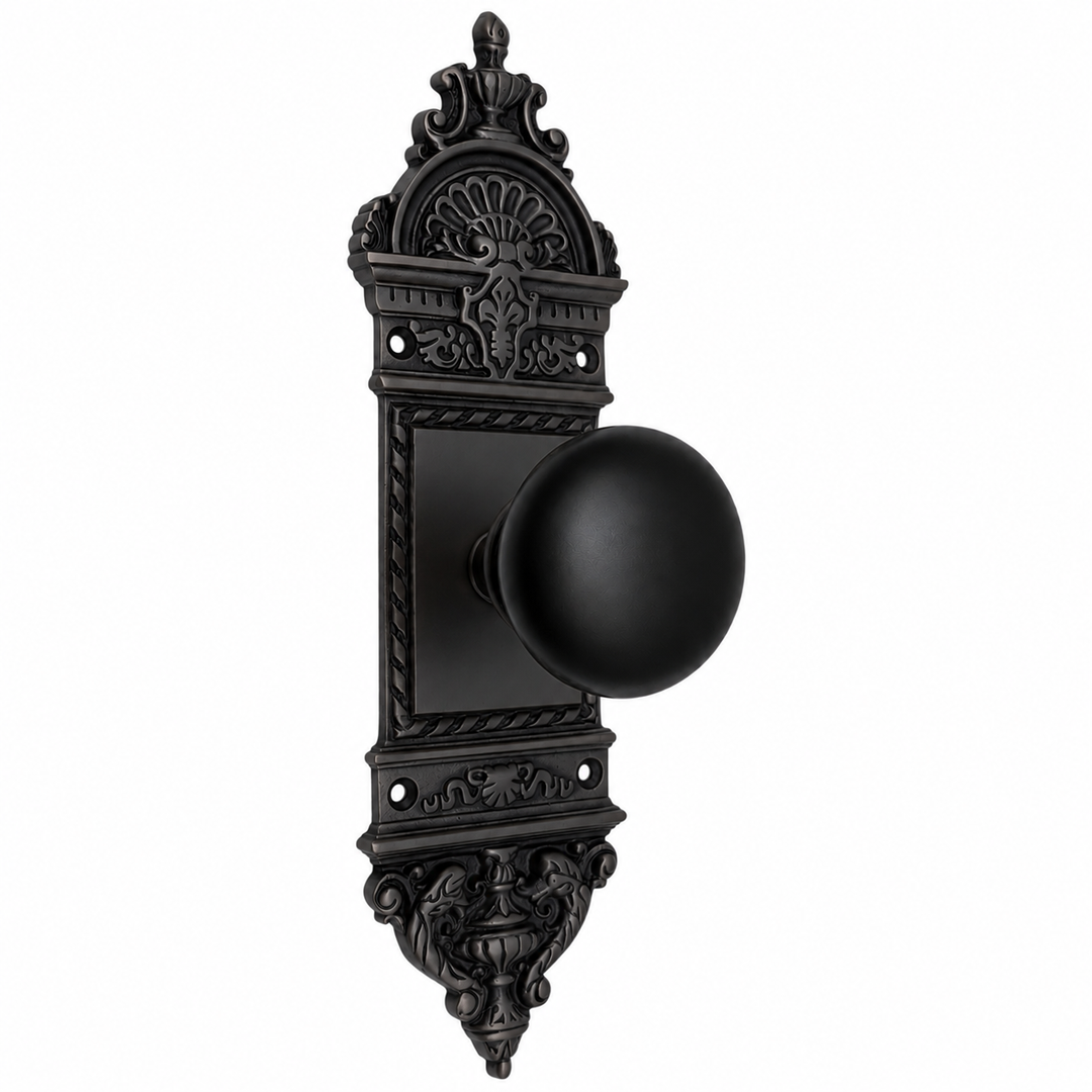 L'Enfant Small Backplate Door Set with Black Porcelain Door Knobs (Several Finishes Available)