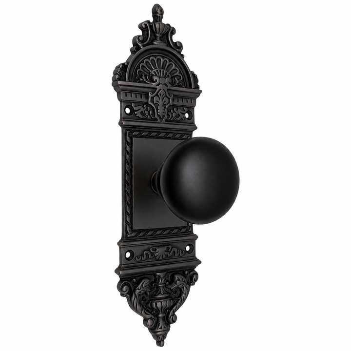 L'Enfant Small Backplate Door Set with Black Porcelain Door Knobs (Several Finishes Available)