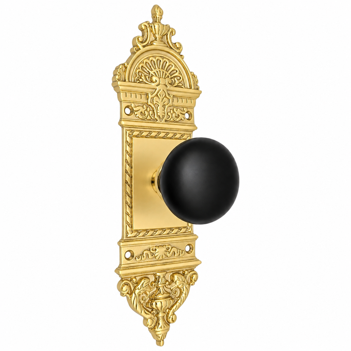 L'Enfant Small Backplate Door Set with Black Porcelain Door Knobs (Several Finishes Available)