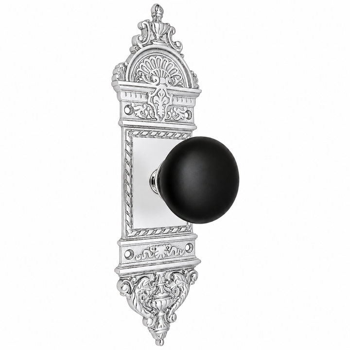 L'Enfant Small Backplate Door Set with Black Porcelain Door Knobs (Several Finishes Available)