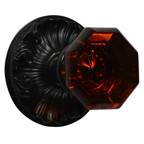 ##Antique Hardware## Romanesque Rosette Door Set with Octagon Amber Glass Door Knobs (Several Finishes Available)
