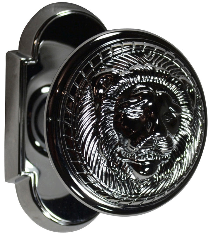 Solid Brass MGM Lion Head Door Knob Set With Arched Rosette (Polished Chrome Finish)