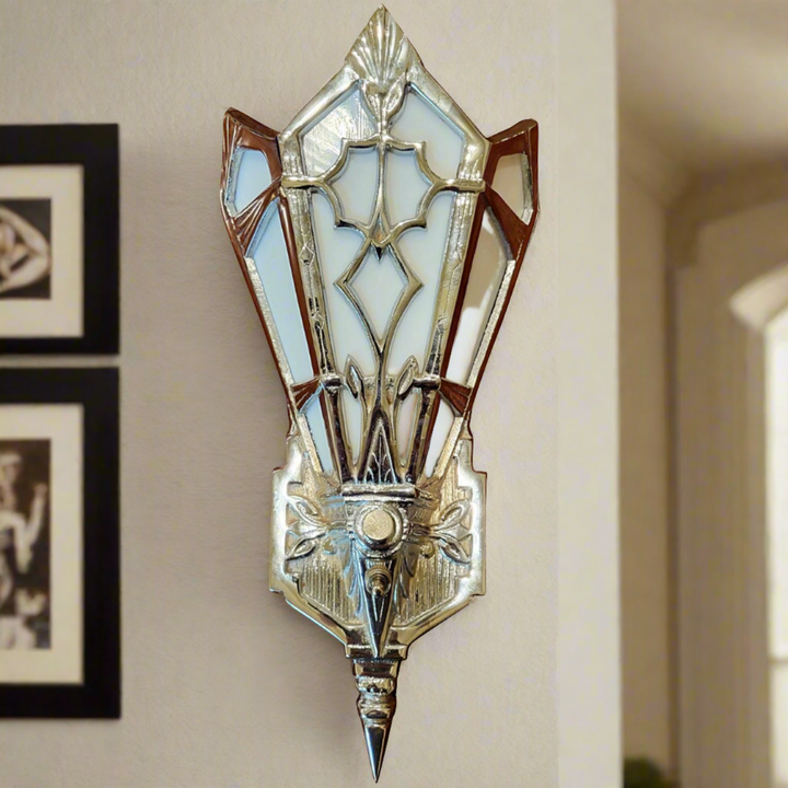 ##Antique Hardware## 14 Inch Art Deco Stained Glass Shade White Opalescent Wall Sconce in Polished Chrome