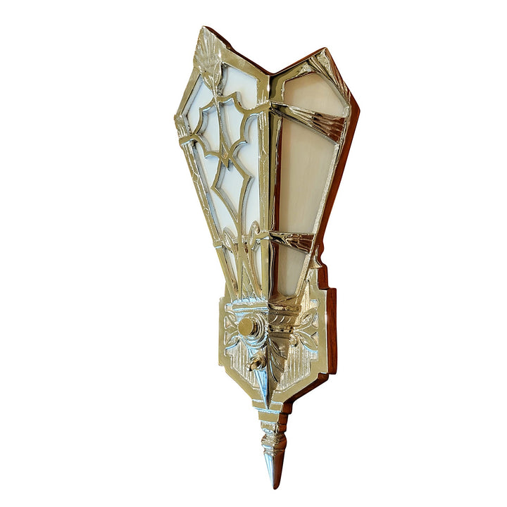 Antique Hardware 14 Inch Art Deco Stained Glass Shade White Opalescent Wall Sconce in Polished Chrome ART DECO LIGHTING