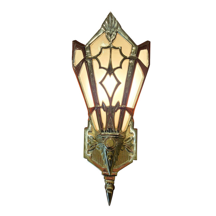 ##Antique Hardware## 14 Inch Art Deco Stained Glass Shade White Opalescent Wall Sconce in Polished Chrome