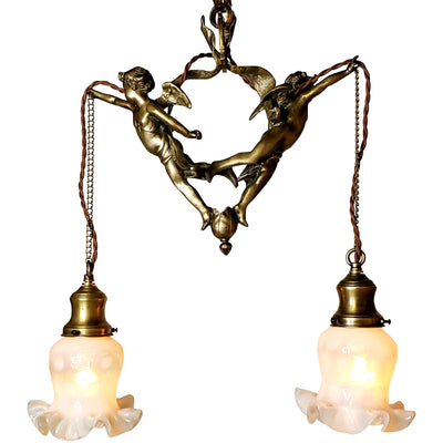 22 Inch Handmade Antique Cherub Two-Light Chandelier With Brass Chain