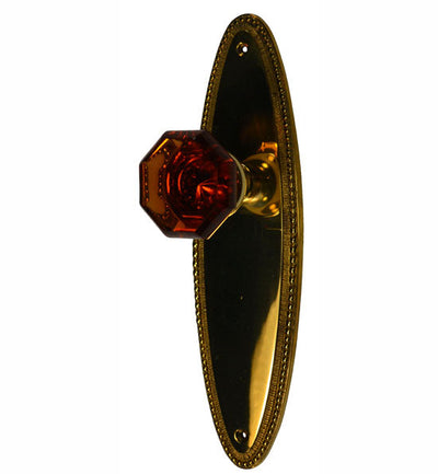 Crystal Octagon Amber Door Knob Set With Beaded Oval Back Plate