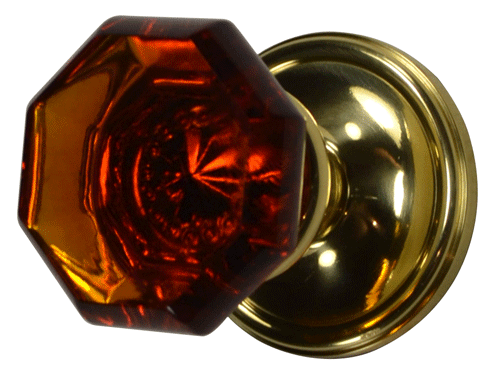 Crystal Octagon Amber Glass Door Knob with Victorian Rosette