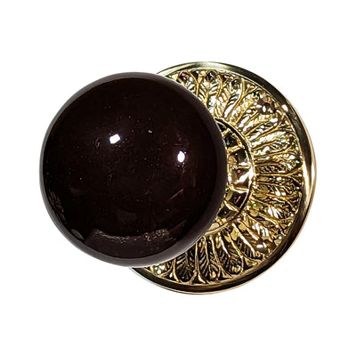 Brown Porcelain Door Knob with Brass Feathers Rosette