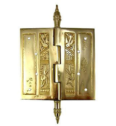 4 1/2 x 4 1/2 Inch Japanesque Style Ornate Solid Brass Hinge