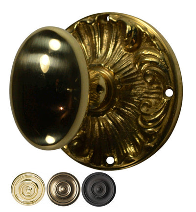 Solid Brass Egg Style Door Knob Set with Romanesque Rosette