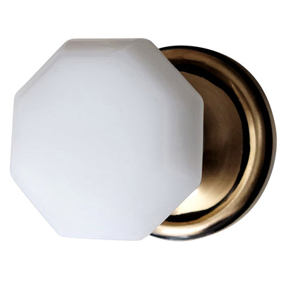White Milk Glass Octagon Door Knob Set with Traditional Rosette (Several Finishes Available)