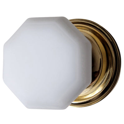 White Milk Glass Octagon Door Knob Set with Traditional Rosette (Several Finishes Available)