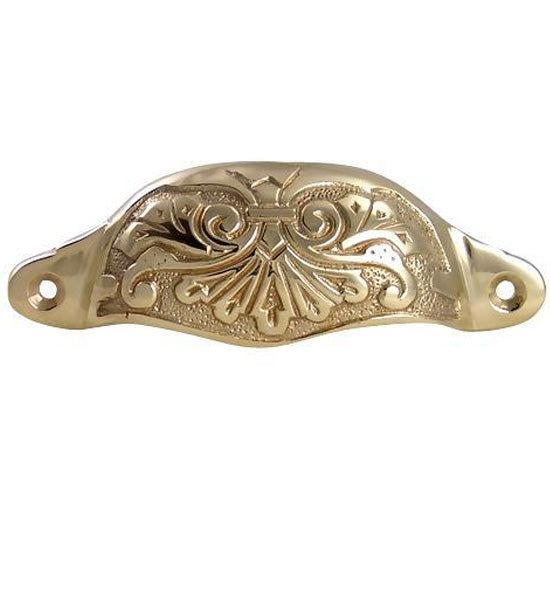 4 3/8 Inch Overall (3 3/4 Inch c-c) Solid Brass Ornate Victorian Scroll Cup or Bin Pull