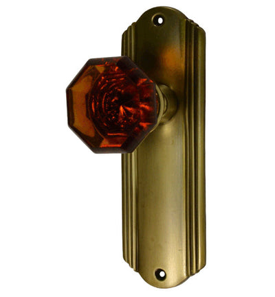 Crystal Octagon Amber Glass Knob Set With Art Deco Back Plate