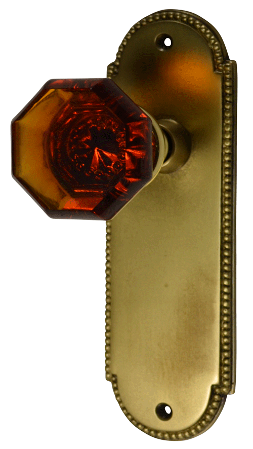 Crystal Octagon Amber Door Knob Set With Beaded Oval Back Plate